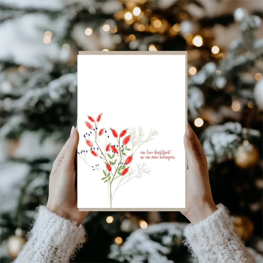 Duurzame kerstkaart met rozebottel illustratie, Grafiquelien ontwerp