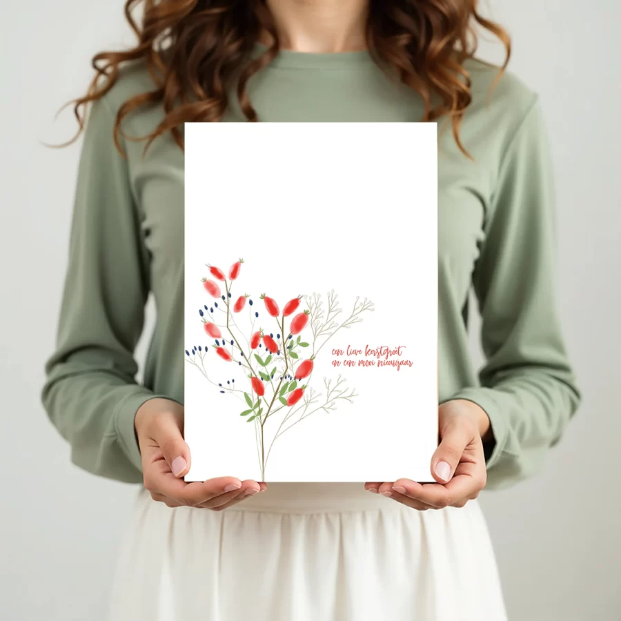 kerstkaart met rozebottel in hand, eco BIO TOP-papier