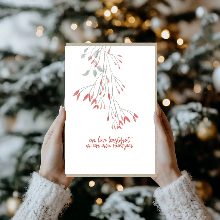 Kerstkaart met groene kersttakjes, duurzame wenskaart Grafiquelien