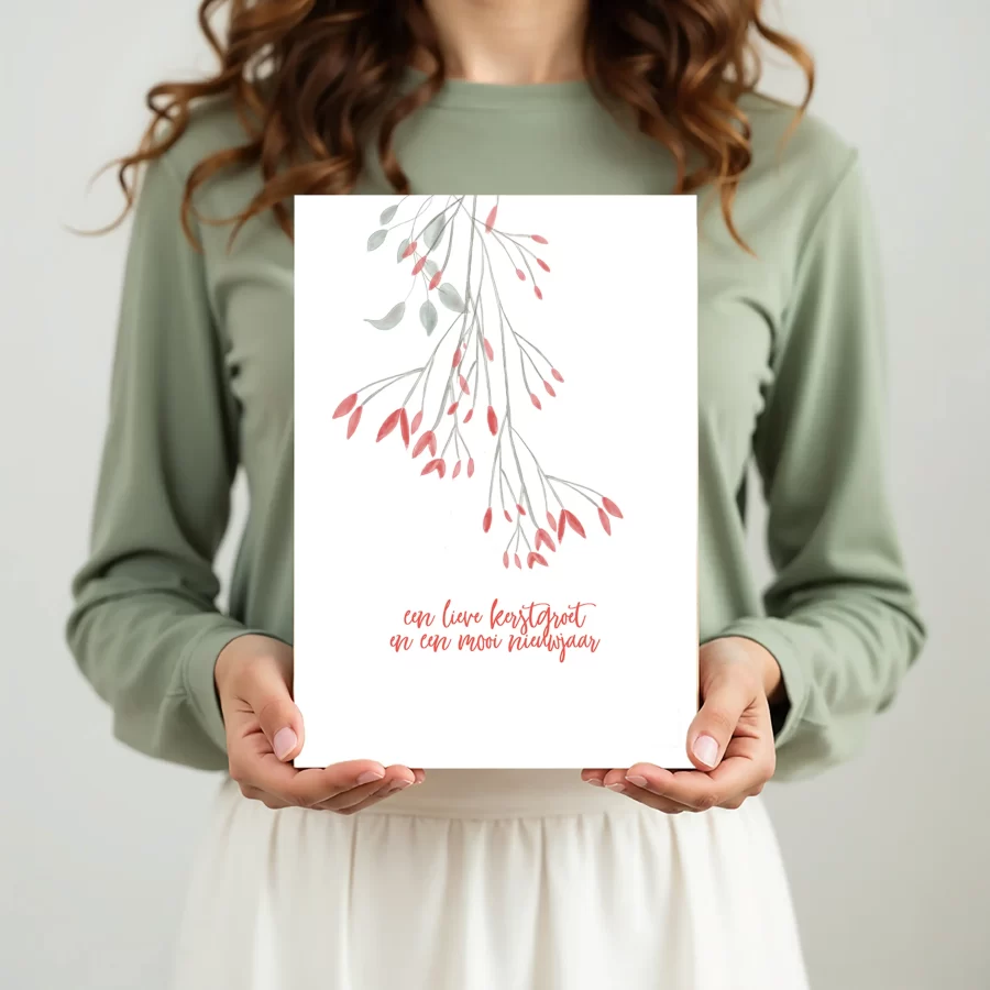 kerstkaart met kersttakjes in hand, eco BIO TOP-papier