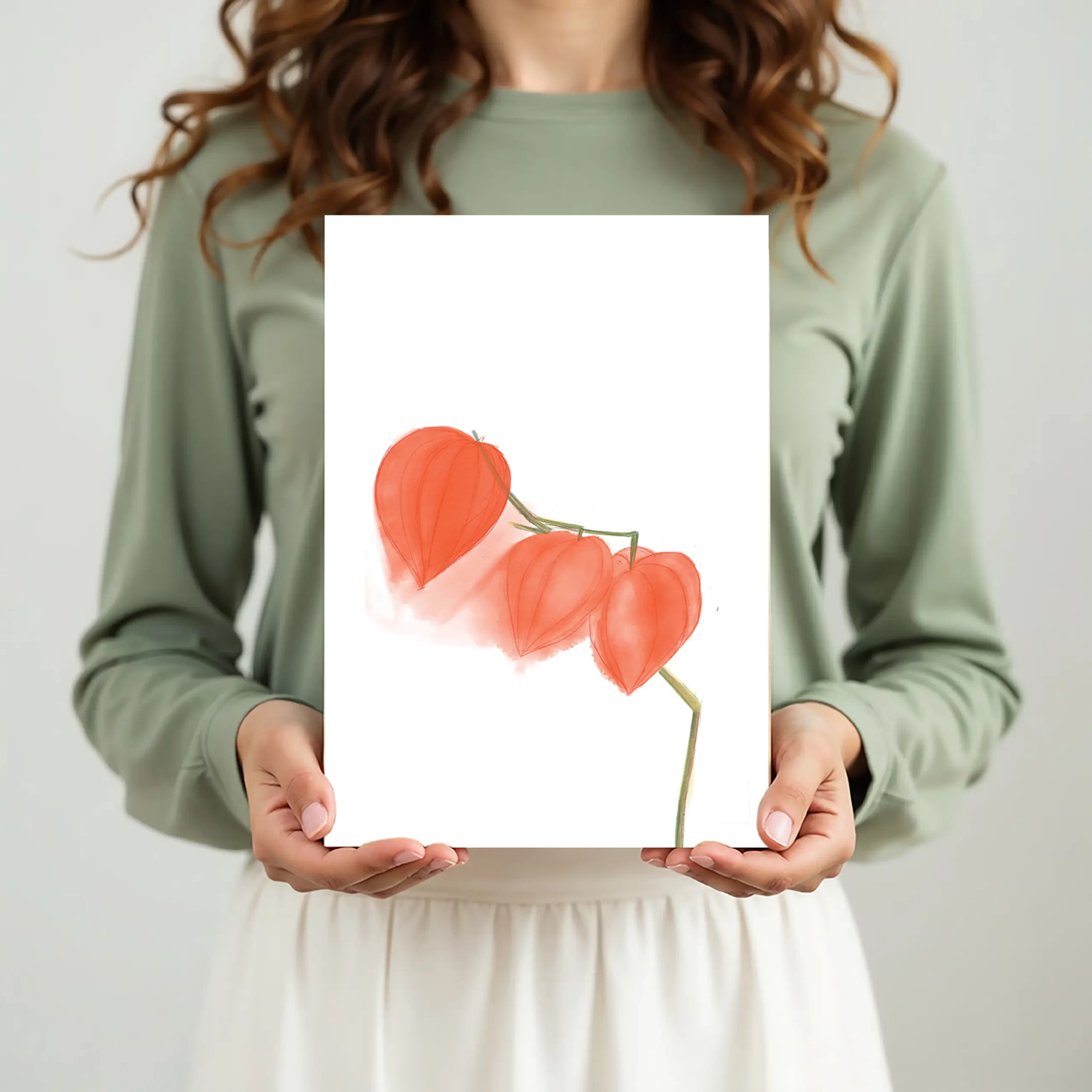 kerstkaart met lampionnetjesplant in hand, gedrukt op BIO TOP-papier