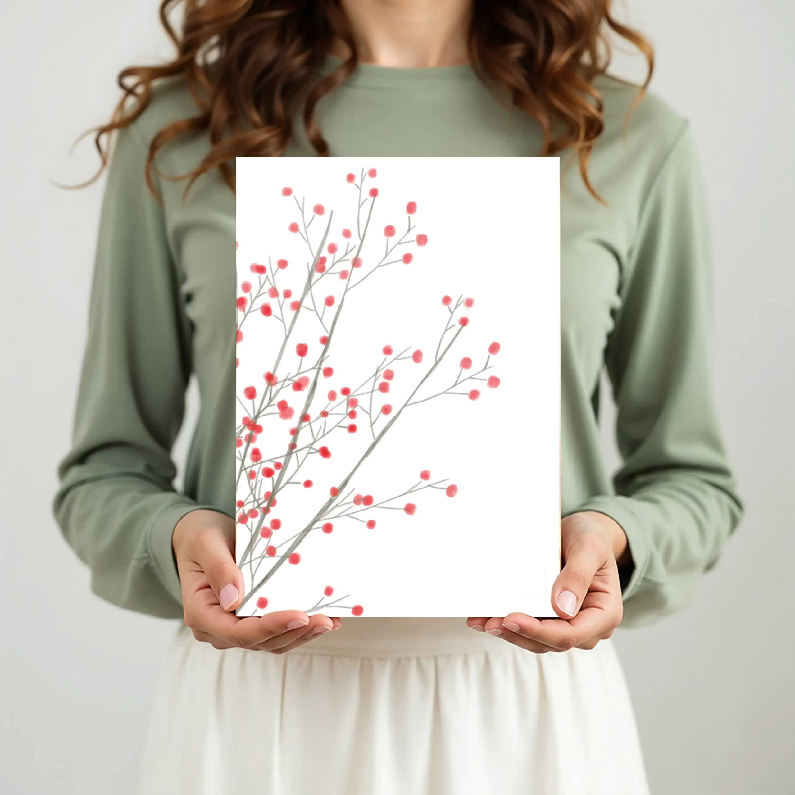 Kerstkaart met rode besjes perspectief als kaart wordt vastgehouden, eco BIO TOP-papier