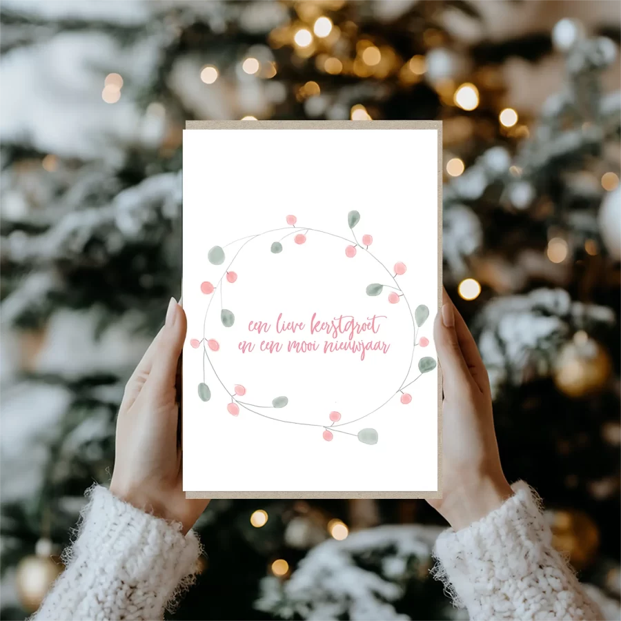 Duurzame kerstkaart met pastel kerstkrans, ontwerp Grafiquelien