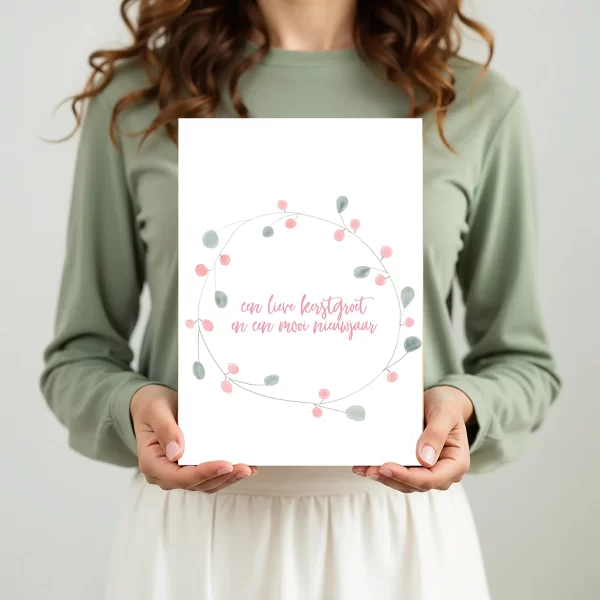 pastel kerstkrans kaart in hand, gedrukt op BIO TOP-papier