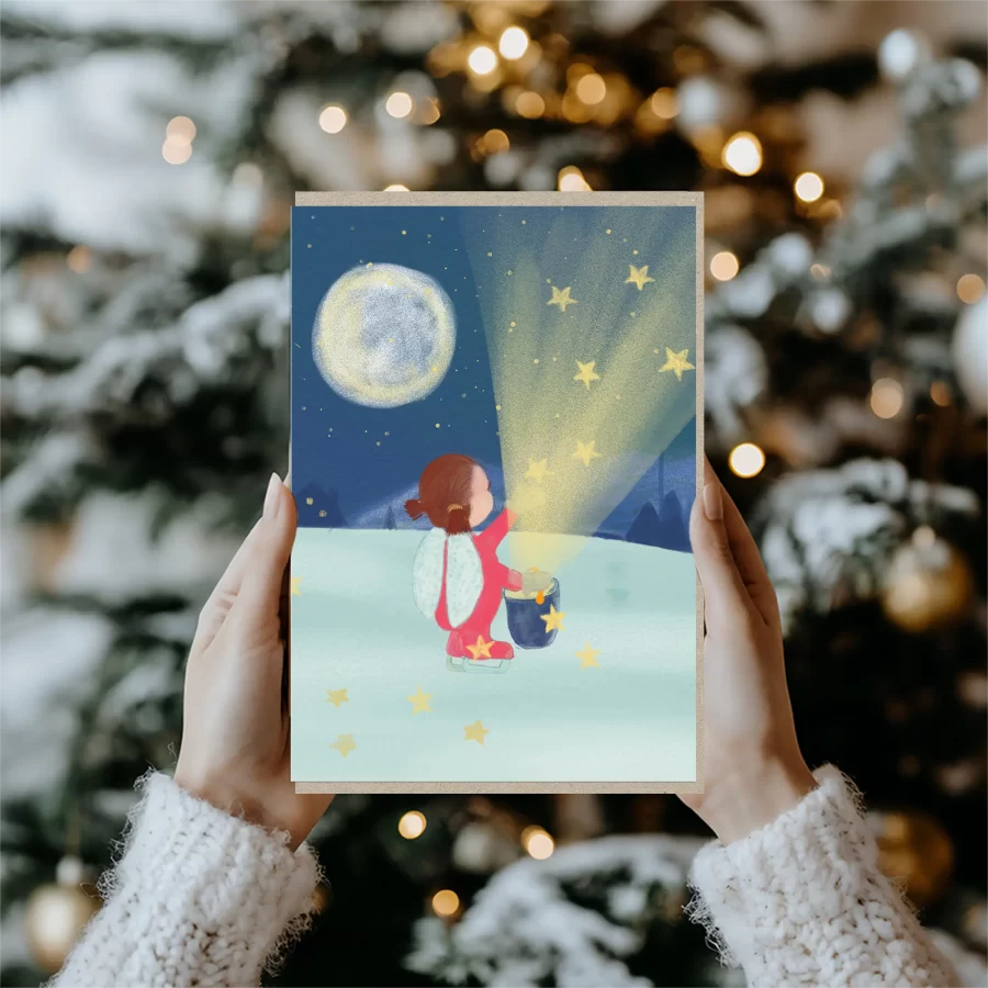 Duurzame kerstkaart met illustratie van sterrenmeisje, Grafiquelien ontwerp