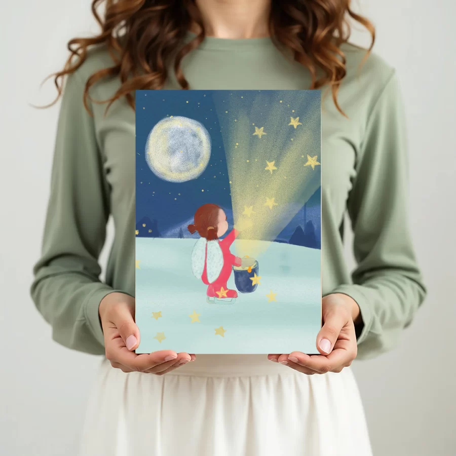 kerstkaart met sterrenmeisje in hand, eco BIO TOP-papier