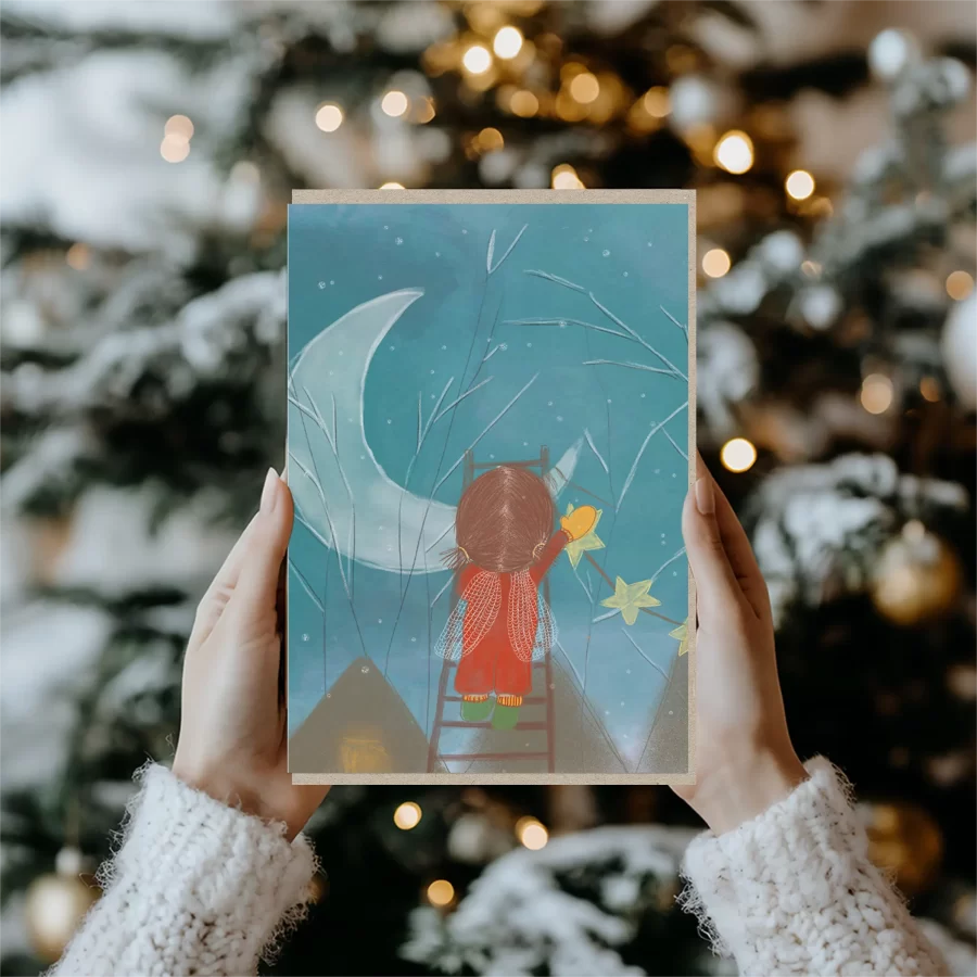 Kerstkaart met meisje dat de maan versiert, duurzame wenskaart Grafiquelien