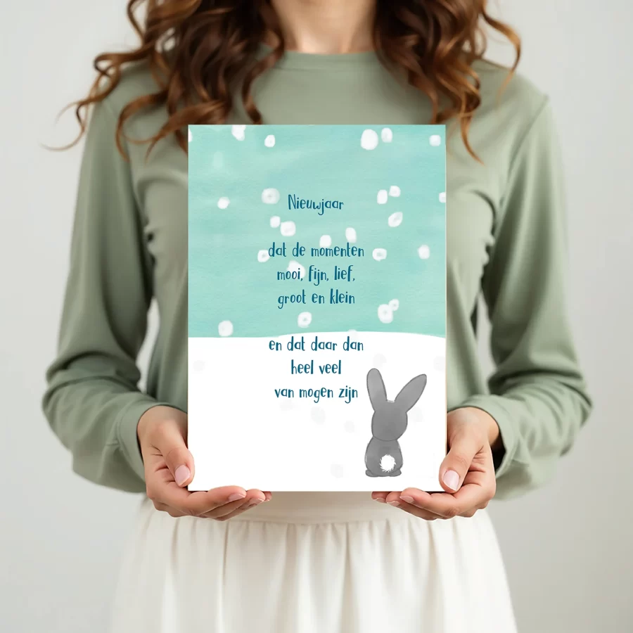 nieuwjaarskaart met versje in hand, gedrukt op BIO TOP-papier