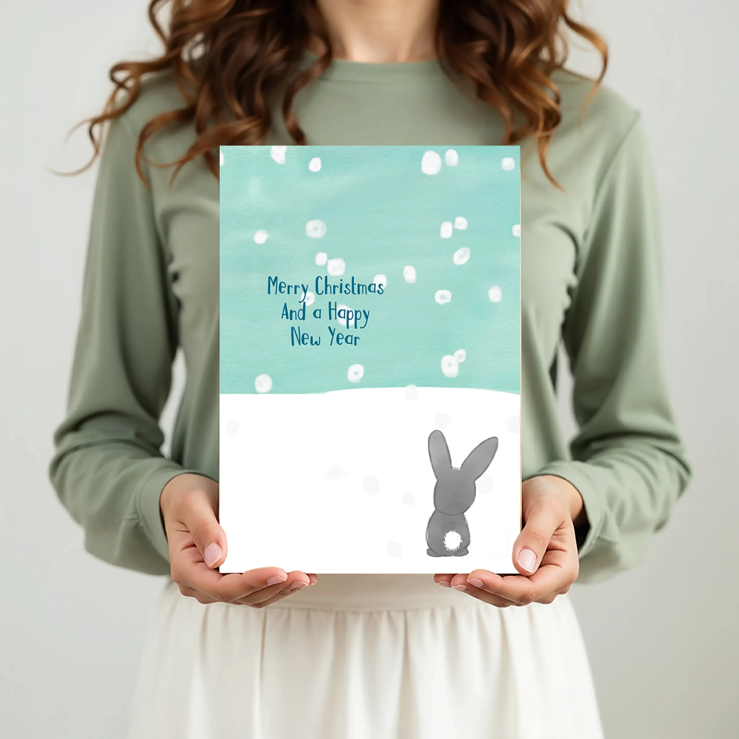 A4 kerstkaart met konijntje, wordt met twee handen vastgehouden voor de buik, eco BIO TOP-papier