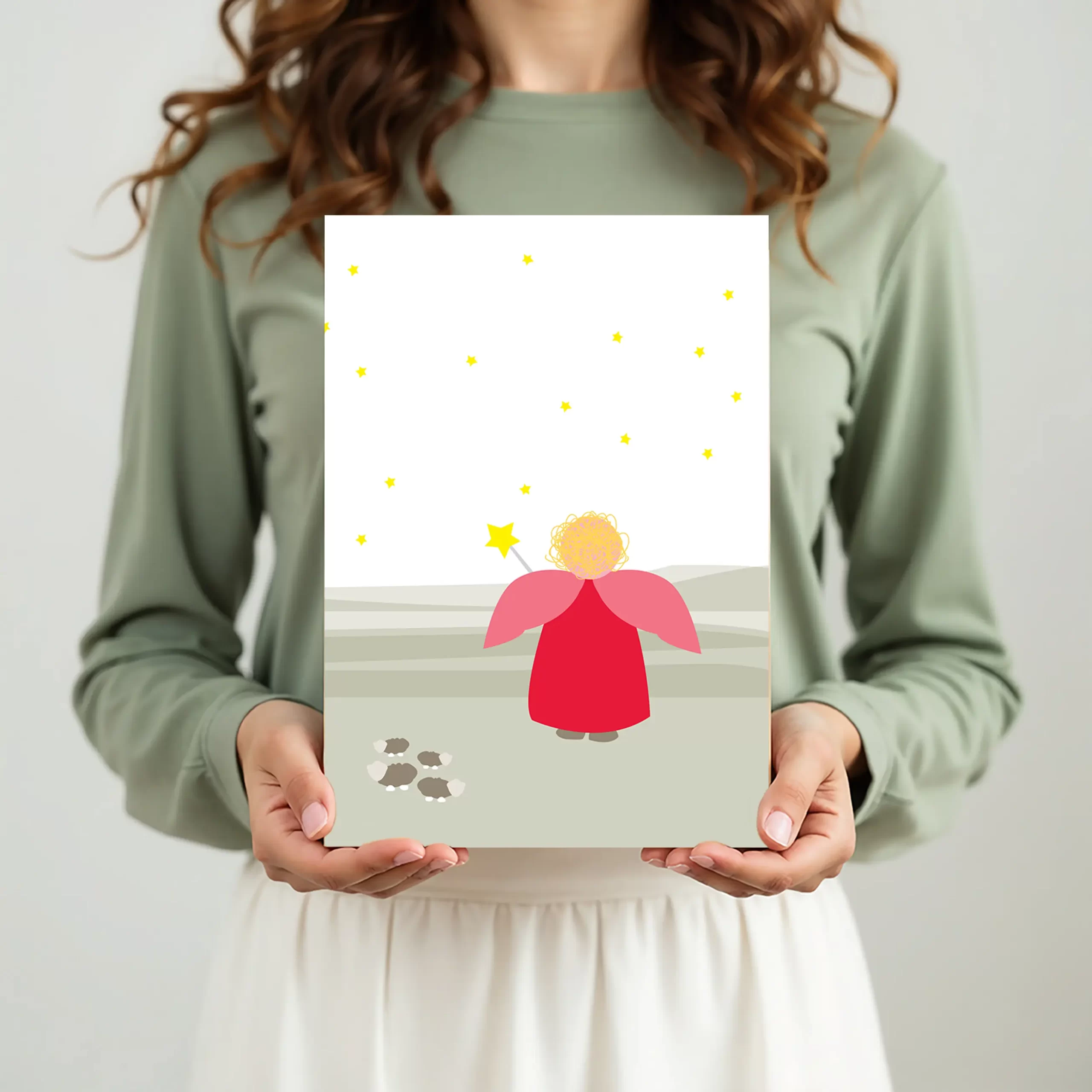 erstkaart met engeltje in hand, gedrukt op BIO TOP-papier