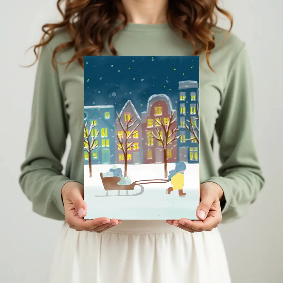 kerstkaart met slee engrachtenpanden in hand, gedrukt op BIO TOP-papier