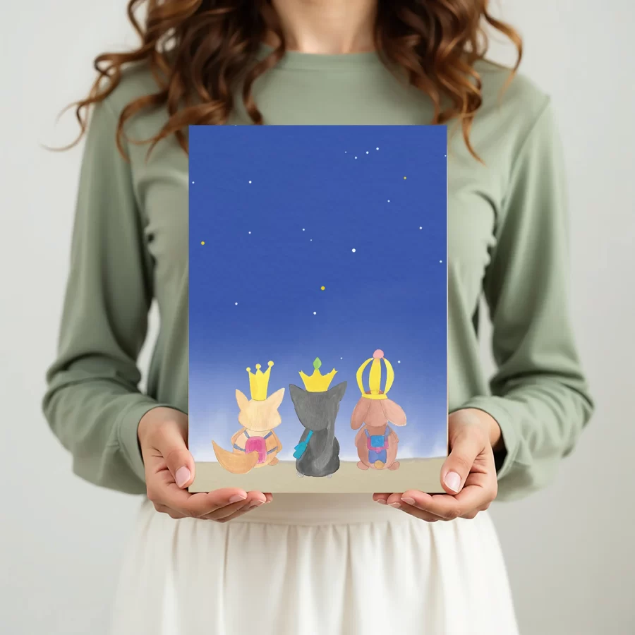 kerstkaart met drie koningen in hand, eco BIO TOP-papier