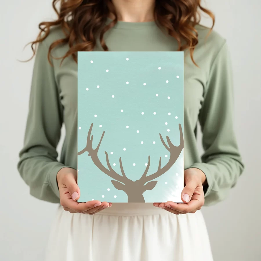 kerstkaart met blauw rendier in hand, eco BIO TOP-papier