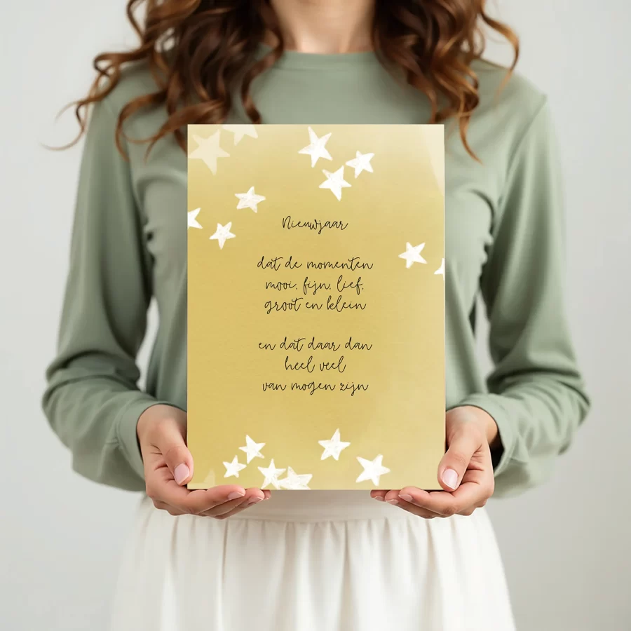 kerstkaart oker, goud in hand, gedrukt op BIO TOP-papier