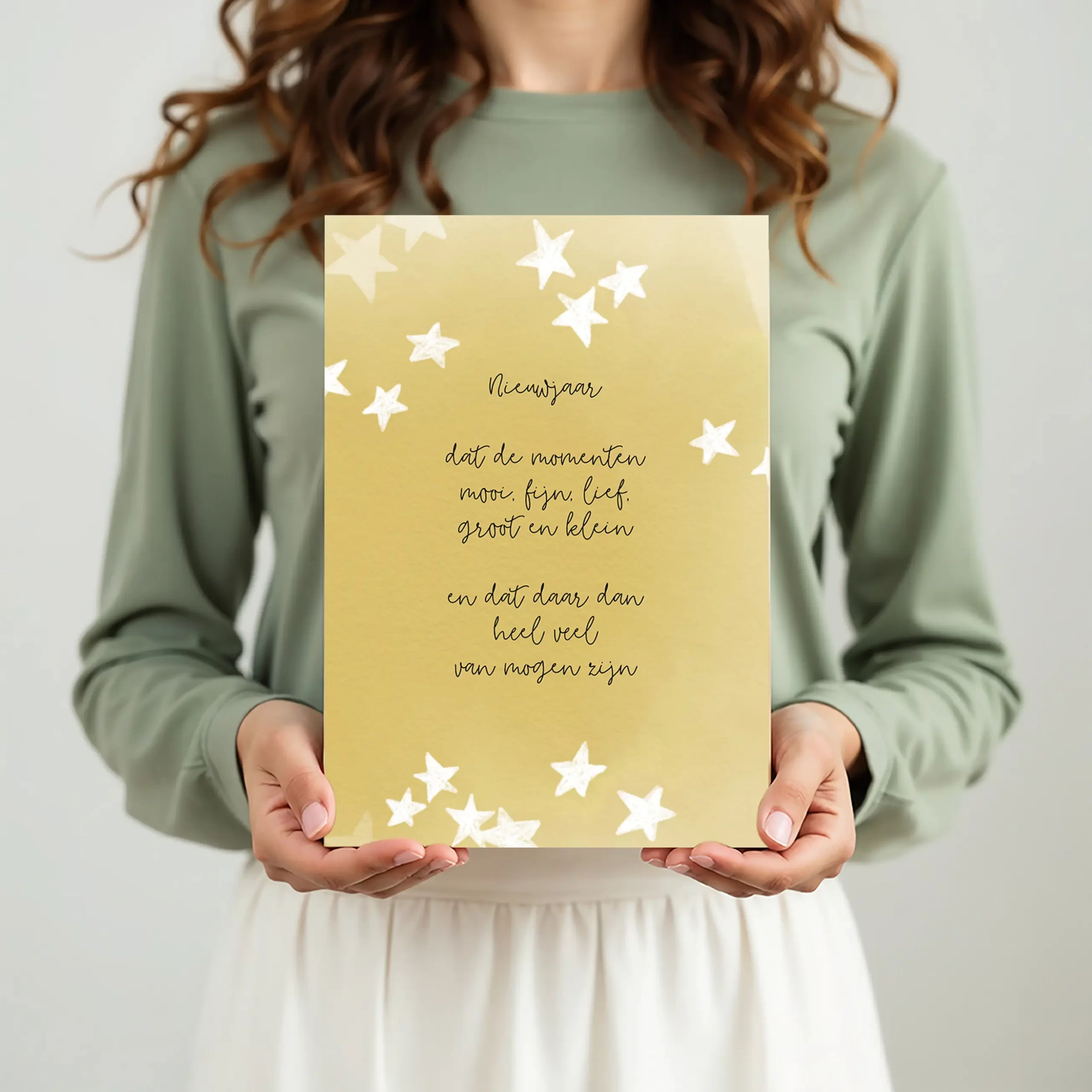 kerstkaart oker, goud in hand, gedrukt op BIO TOP-papier