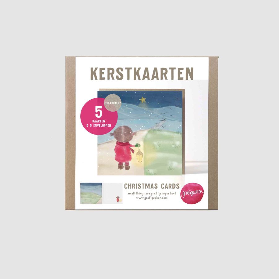 kerstkaarten in giftbox meisje met lantaarn