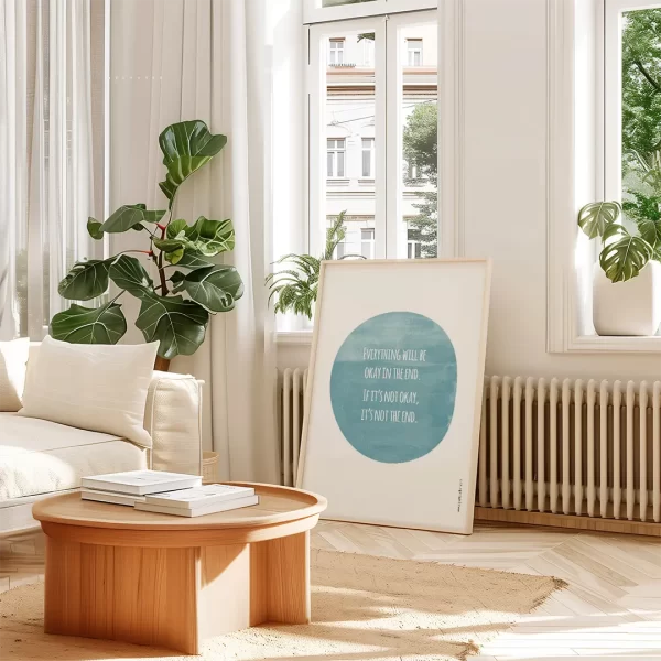 Poster Everything will be okay, rond, grijs, woonkamer