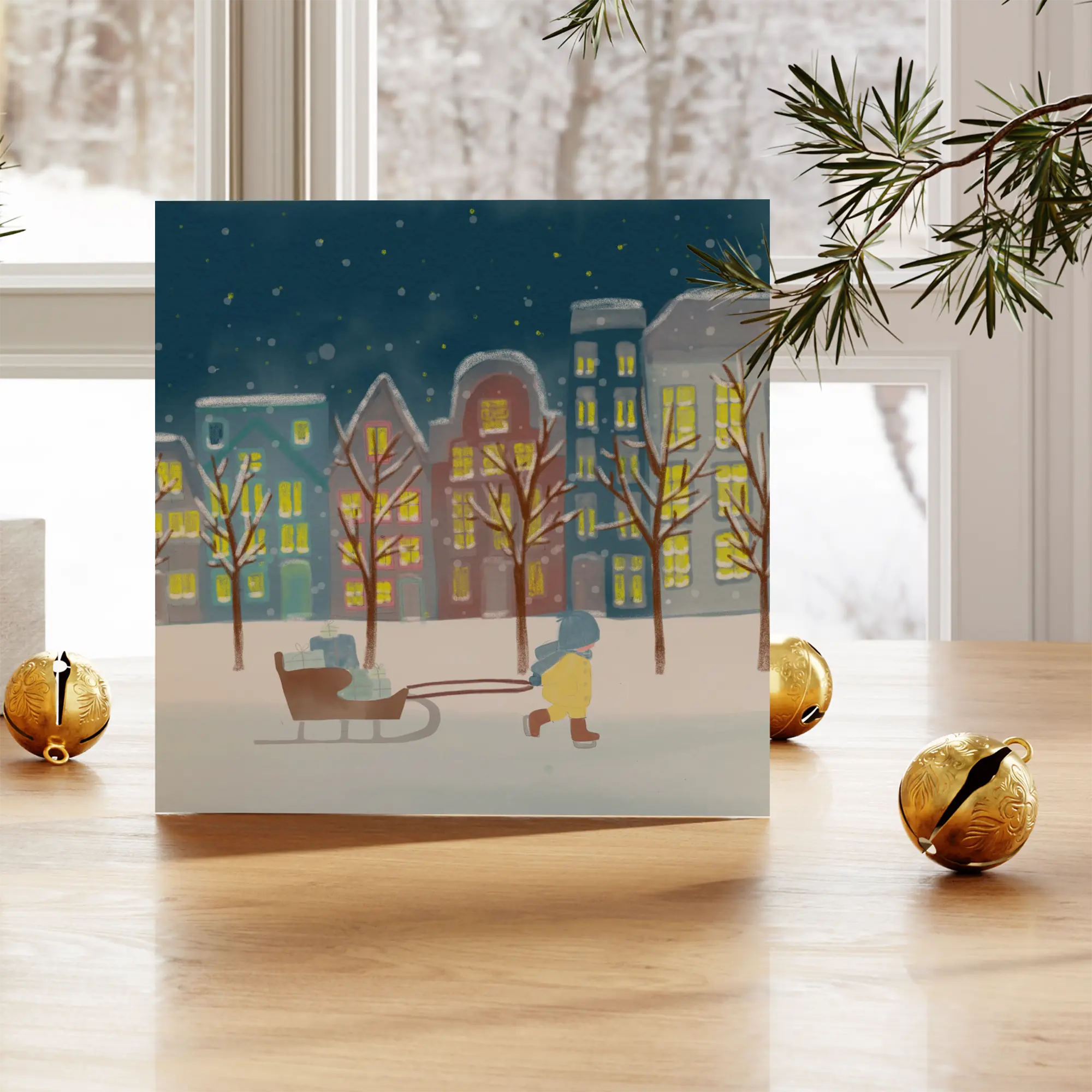 Kerstkaart met slee-illustratie