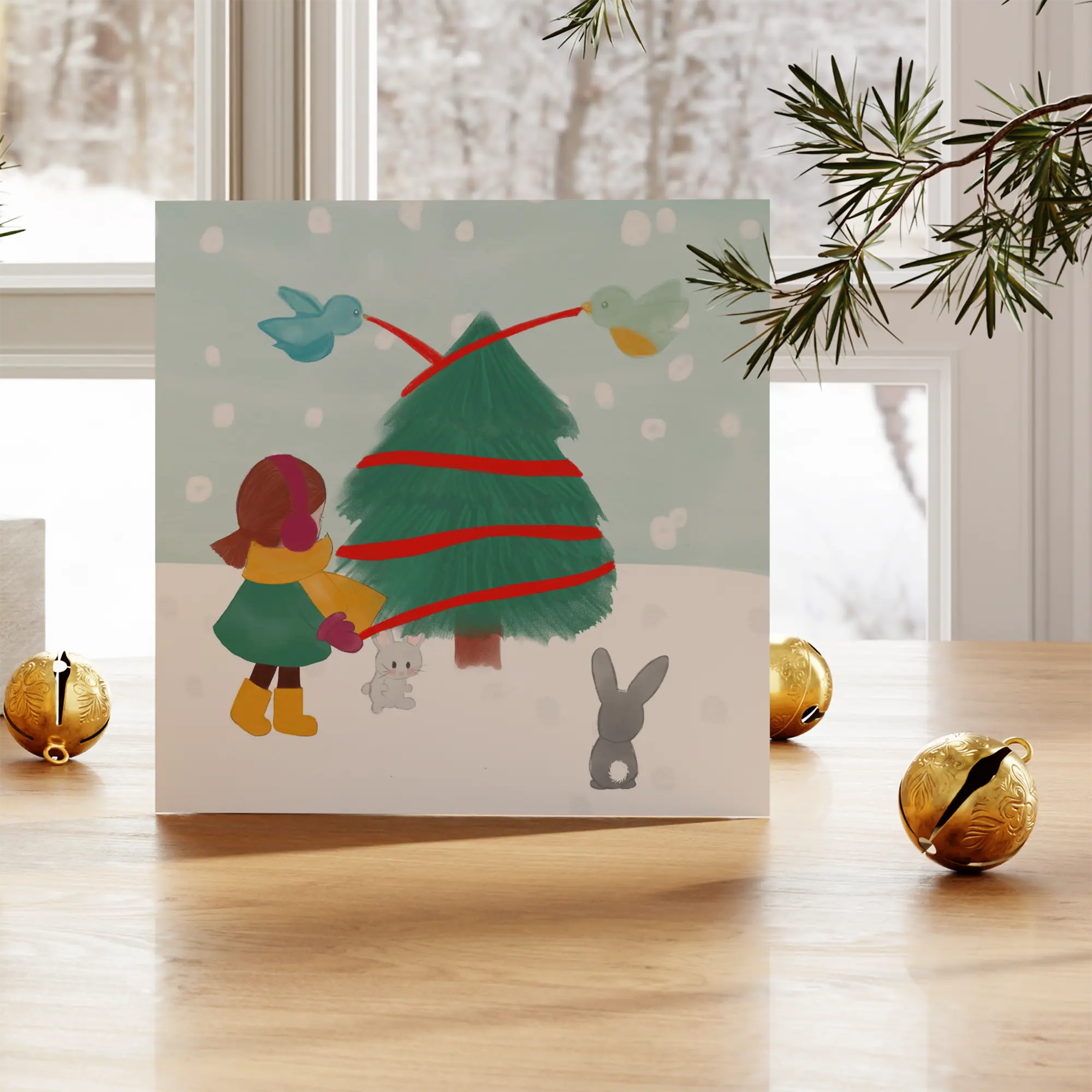 Kerstkaart met illustratie van boom versieren
