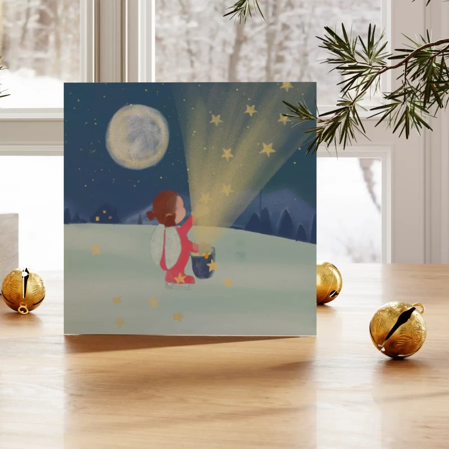 Duurzame kerstkaart met meisje tussen sterren