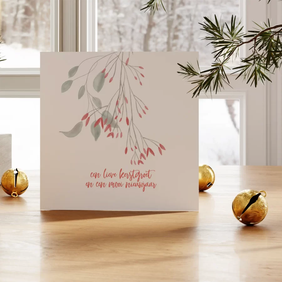 Duurzame kerstkaart met illustratie van kersttakjes