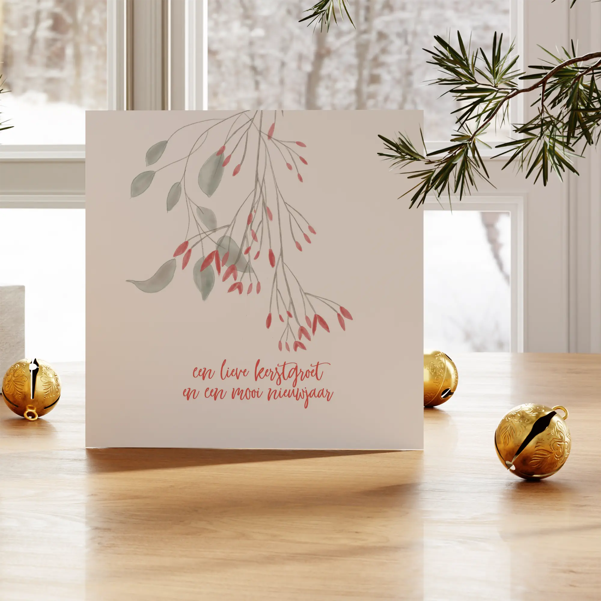 Duurzame kerstkaart met illustratie van kersttakjes