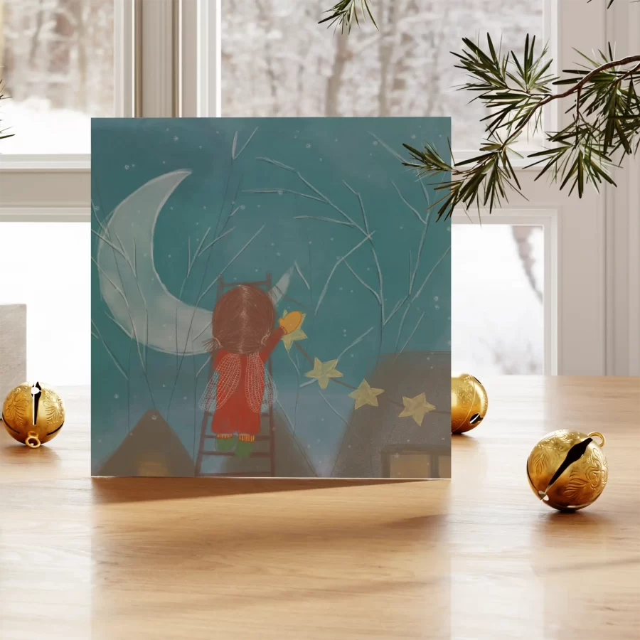 Eco-friendly kerstkaart met meisje bij maanlicht