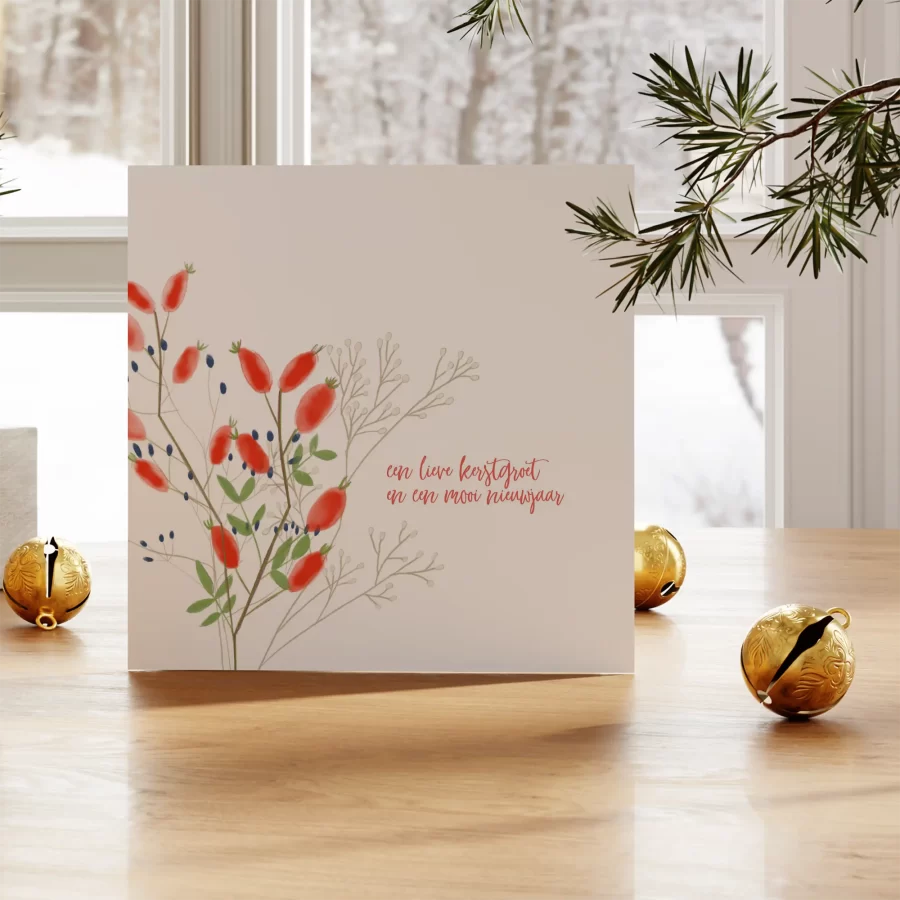 Duurzame kerstkaart met rozebottelillustratie