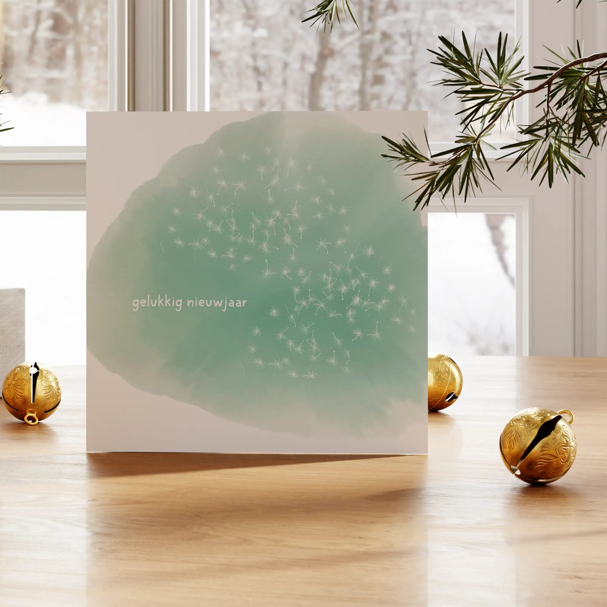 Duurzame nieuwjaarskaart met wens 'Gelukkig nieuwjaar' in rustige stijl