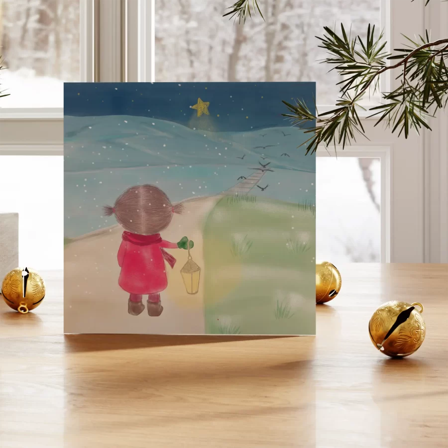 Eco-friendly kerstkaart met meisje dat een lantaarn draagt