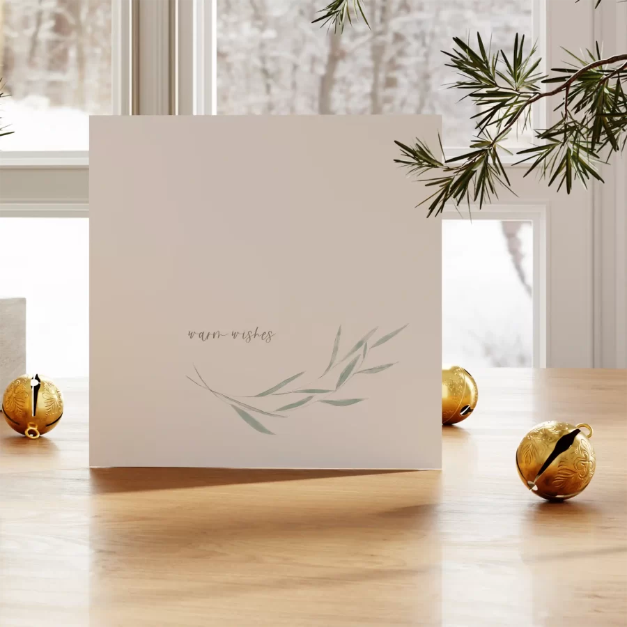 Duurzame kerstkaart met ‘Warm wishes’ in zachte Grafiquelien-stijl