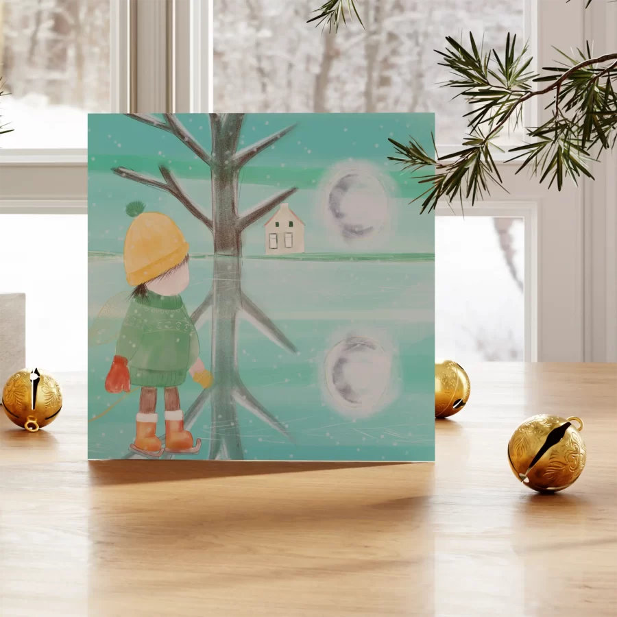 Eco-friendly kerstkaart met schaatsend figuurtje op een vennetje