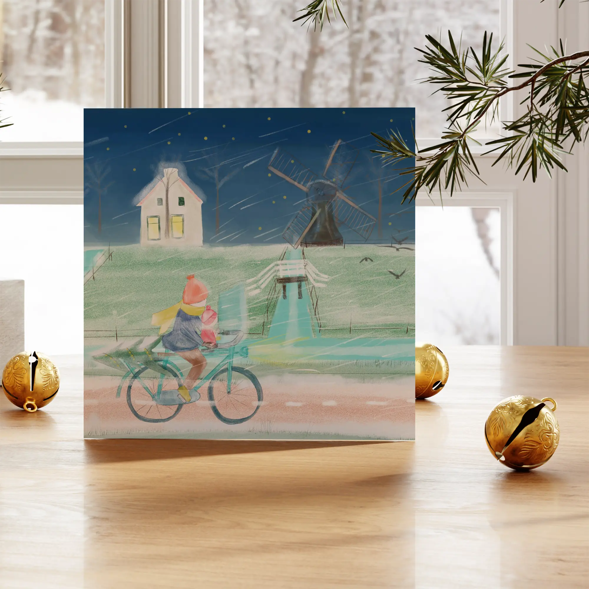Illustratie van fietser door winterweer op duurzame kerstkaart