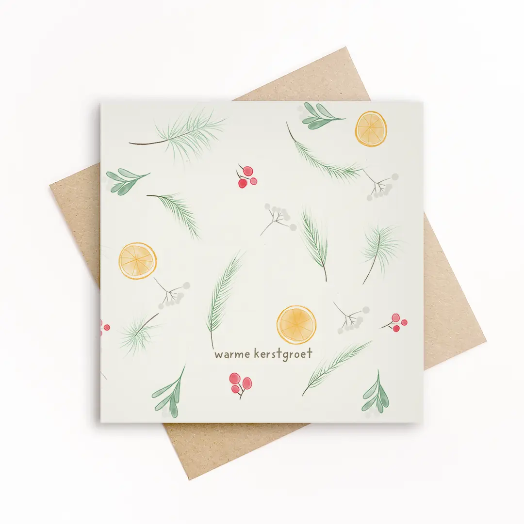 duurzame kerstkaart met winterelementen en sinaasappel, ontwerp Grafiquelien