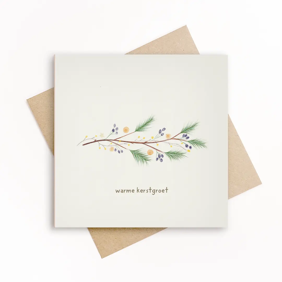 Box met 5 duurzame kerstkaarten: Warme kerstgroet - dennetak met lichtjes en blauwe besjes - Afbeelding 3