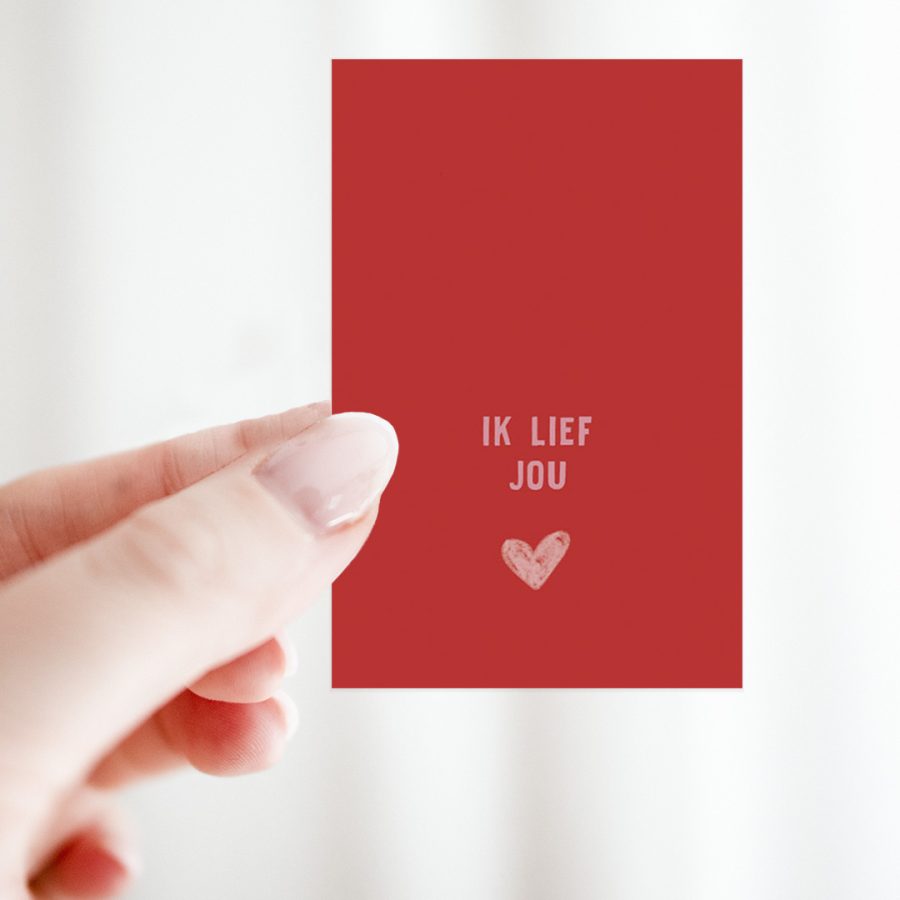 Bloemenkaartje, minikaartje, met rode achtergrond en roze tekst ‘ik lief jou’