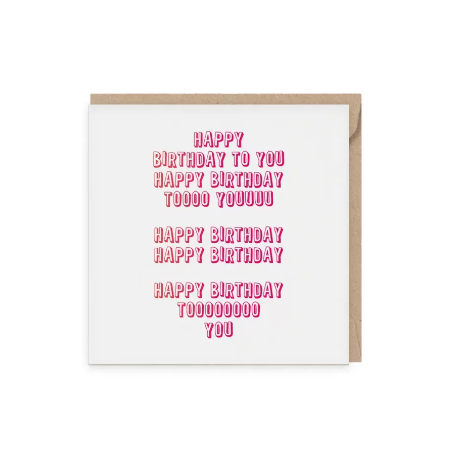 Duurzame Vierkante wenskaart, dubbelgevouwen, met roze-rode verjaardagsliedtekst, happy birthday to you