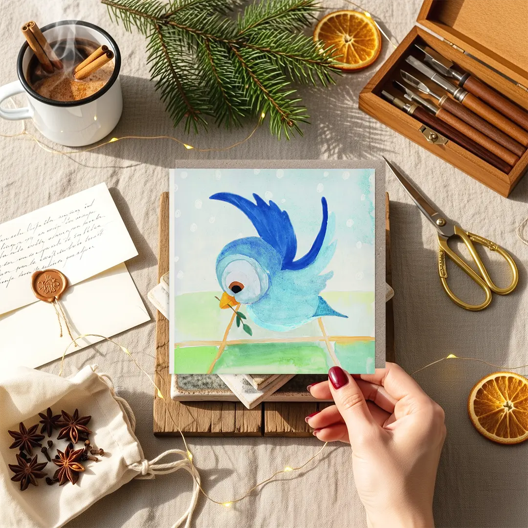 Kerstkaart met vogeltje en twijgje