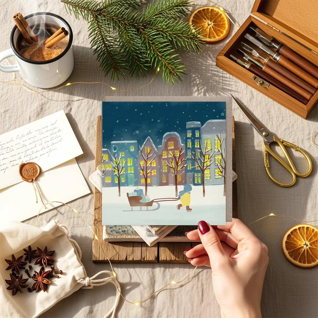 Kerstkaart met sleeillustratie