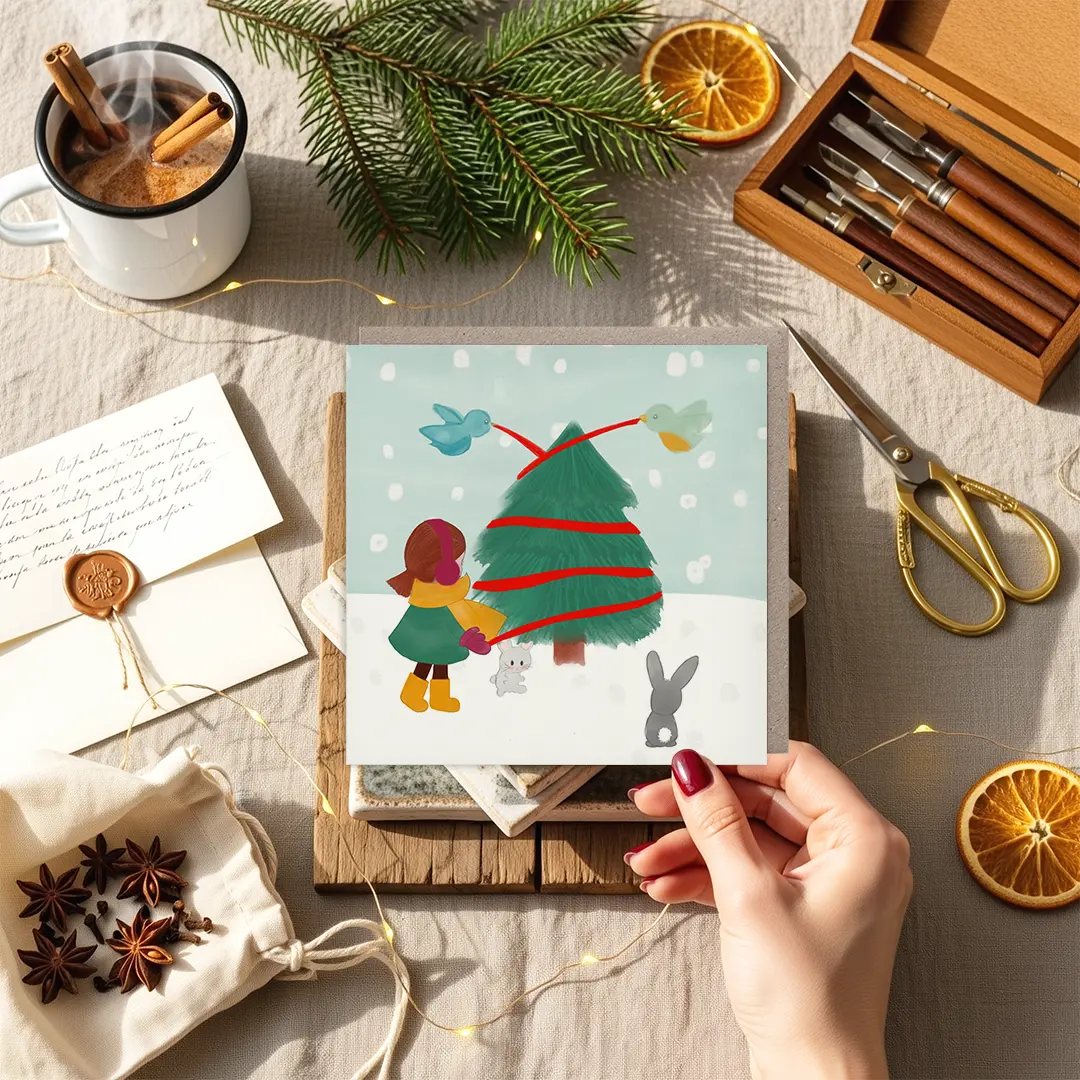 Kerstkaart met versiermoment