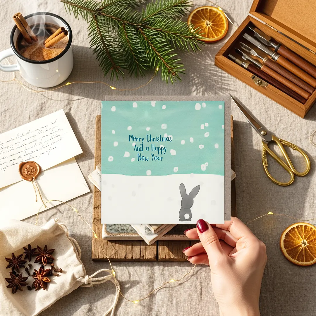 Kerstkaart met konijntje en Engelse wens