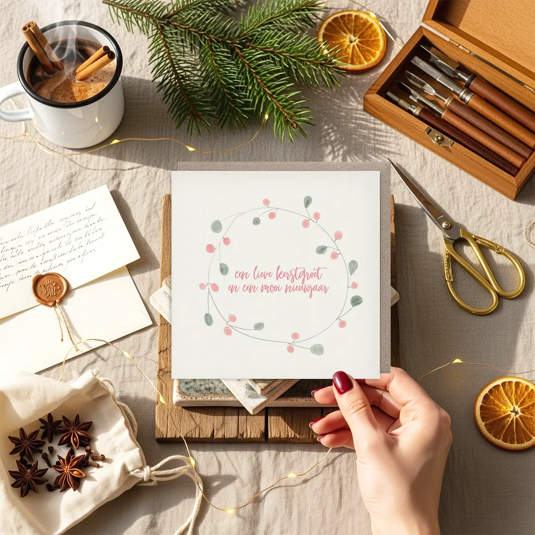 Pastelkerstkrans op duurzame kaart