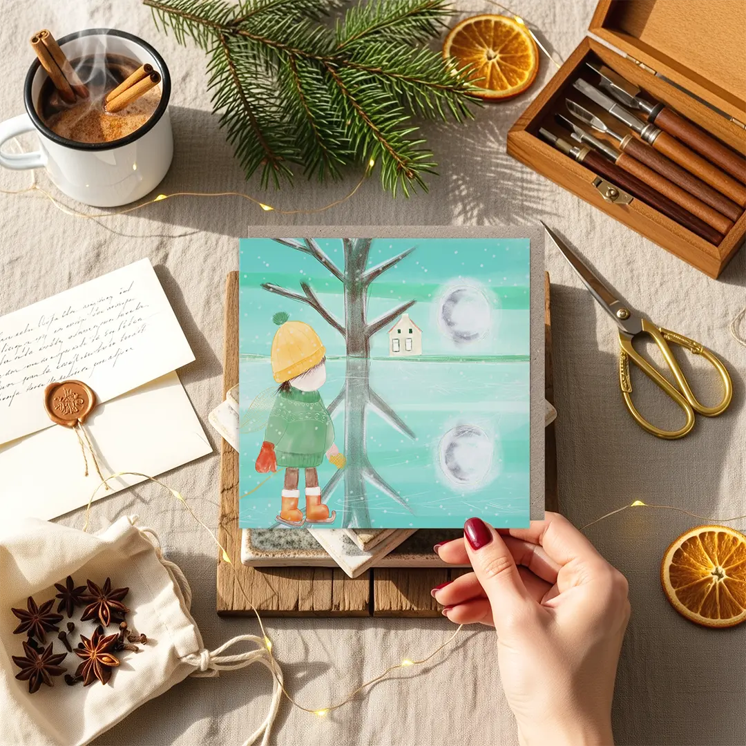 Kerstkaart met schaatsend figuurtje