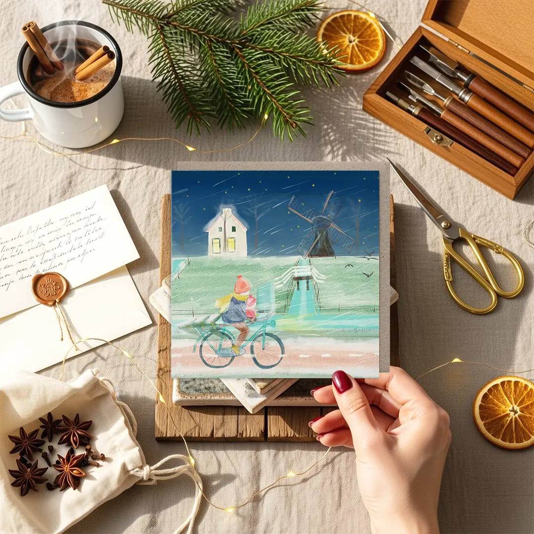 Kerstkaart met fietser door winterweer
