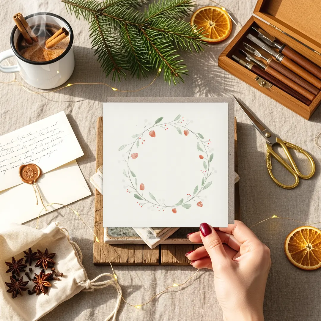 Duurzame kerstkaart met lampionnetjeskrans