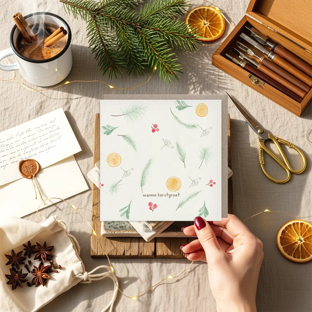 kerstkaart met winterelementen vastgehouden in hand, BIO TOP-papier