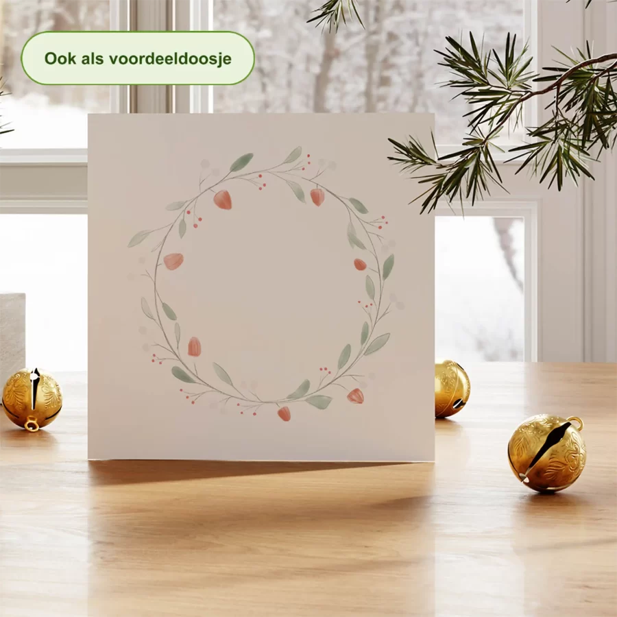 Kerstkaart krans met lampionnetjes en besjes – duurzame kerstkaart Grafiquelien