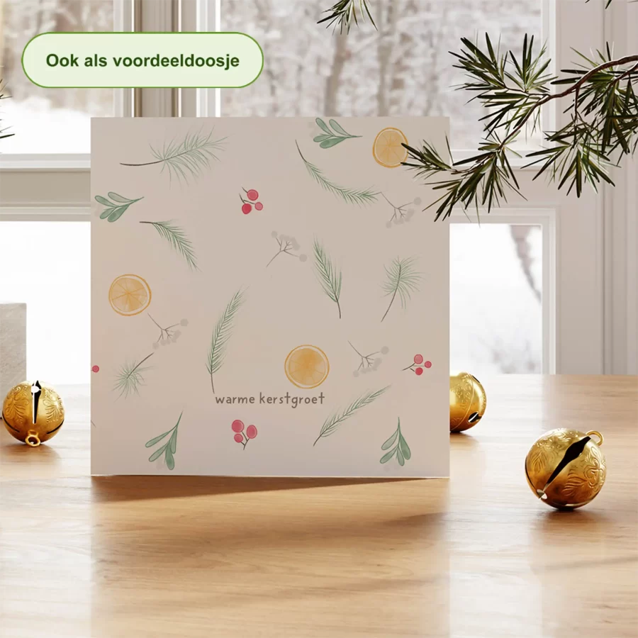 Kerstkaart sinaasappelschijfjes en dennentakjes, warme kerstgroet – duurzame kerstkaart Grafiquelien