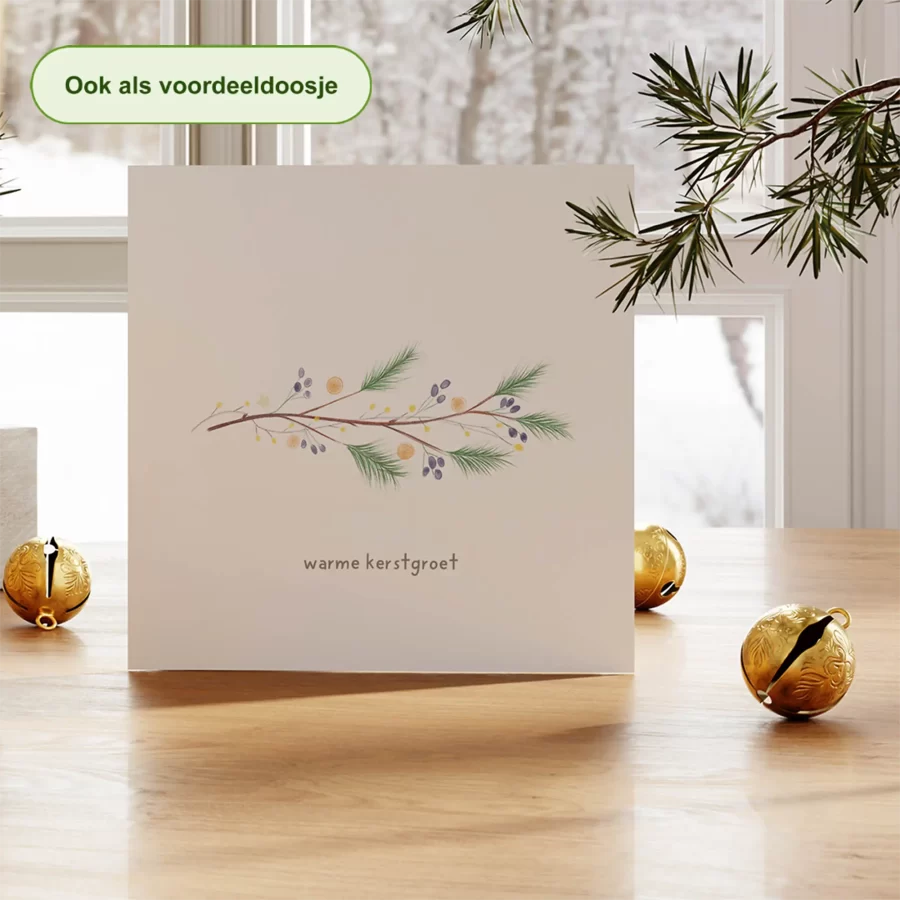 Kerstkaart horizontale tak met blauwe bessen en dennengroen – duurzame kerstkaart Grafiquelien