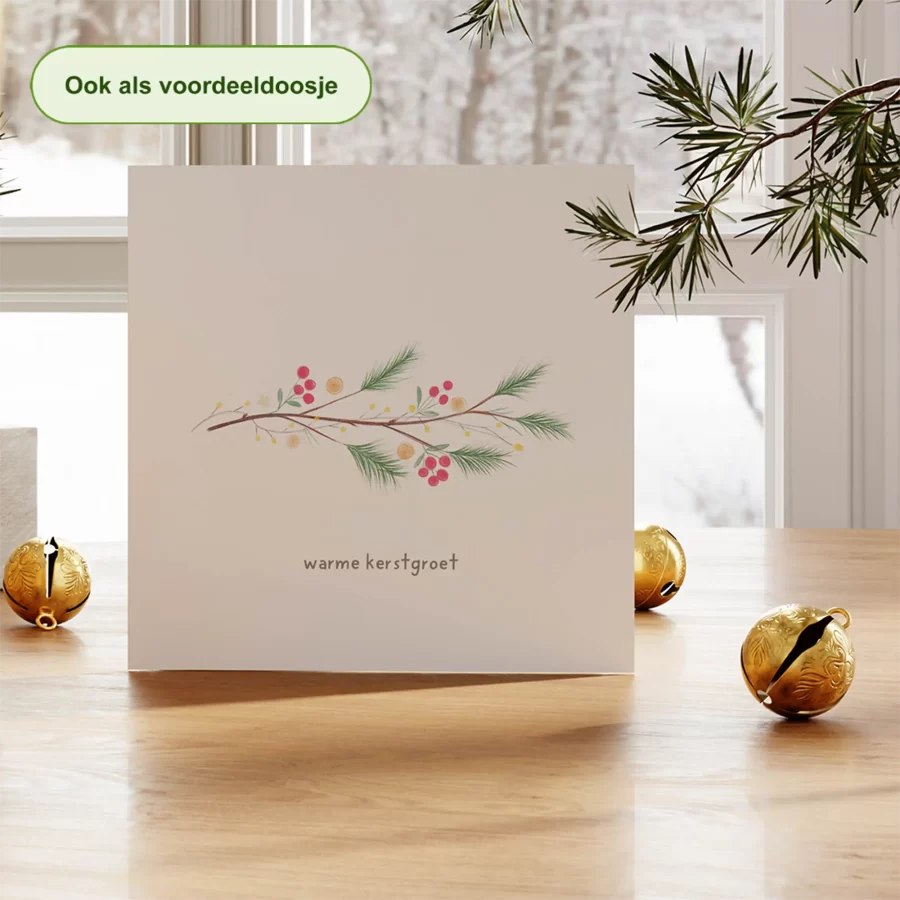 Kerstkaart horizontale tak met rode bessen en dennengroen – duurzame kerstkaart Grafiquelien